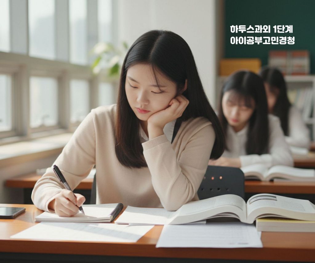 상담 장면 – 학생과 선생님이 대화하며 학습 상태를 파악하는 모습